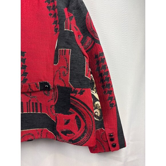 Women’s Chico’s Size 2XL Red, Black, & Cream Patterned Overcoat - Picture 4 of 5